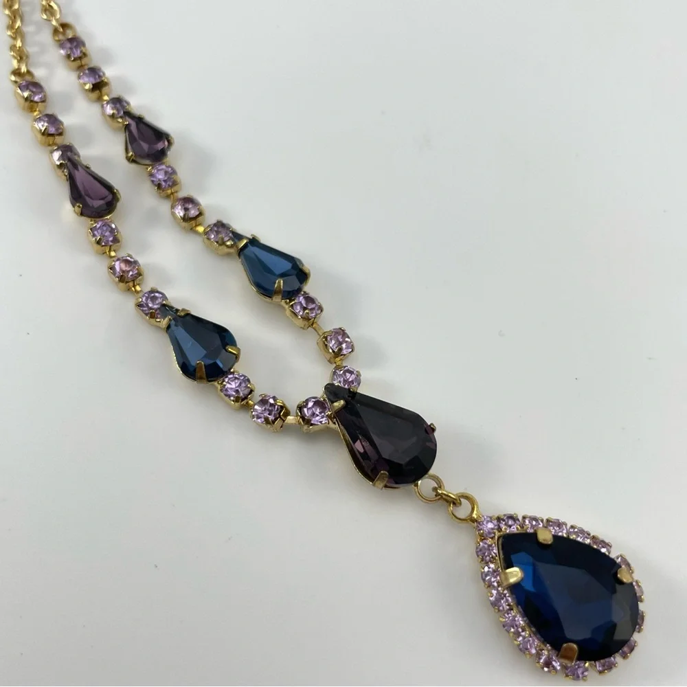 Stunning Gold Tone Purple & Blue Crystal Teardrop Statement Necklace